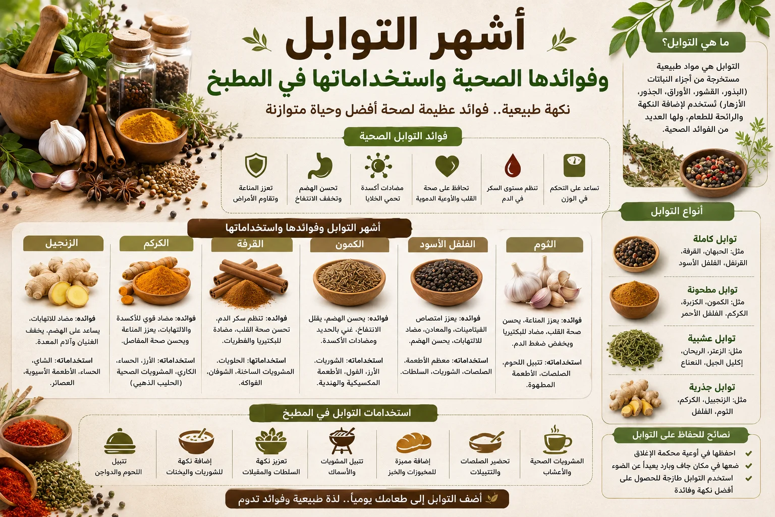 أشهر التوابل وفوائدها الصحية واستخداماتها في المطبخ