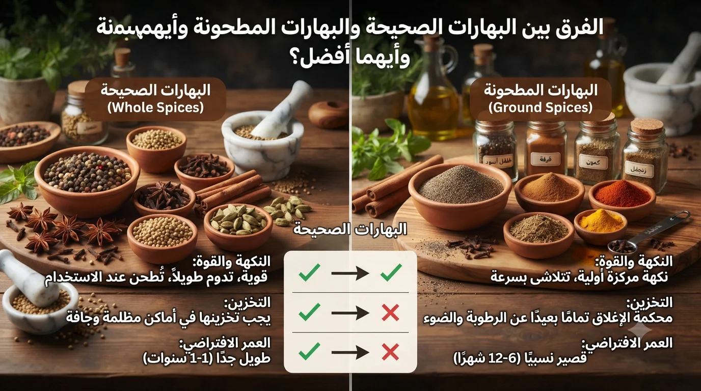 الفرق بين البهارات الصحيحة والبهارات المطحونة وأيهما أفضل؟